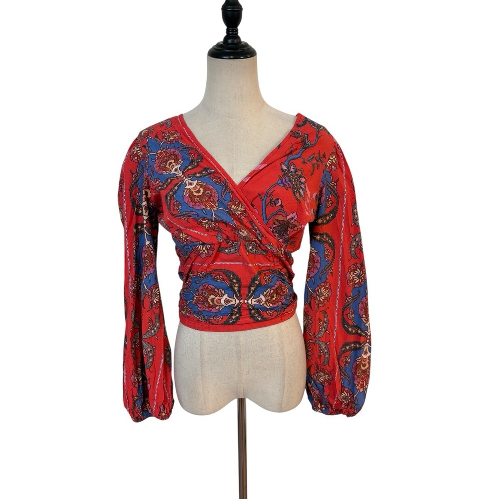 Floral Wrap Peasent Red Crop Top Open Back‎ Tie Boho Cottagecore Sz Xs Festival